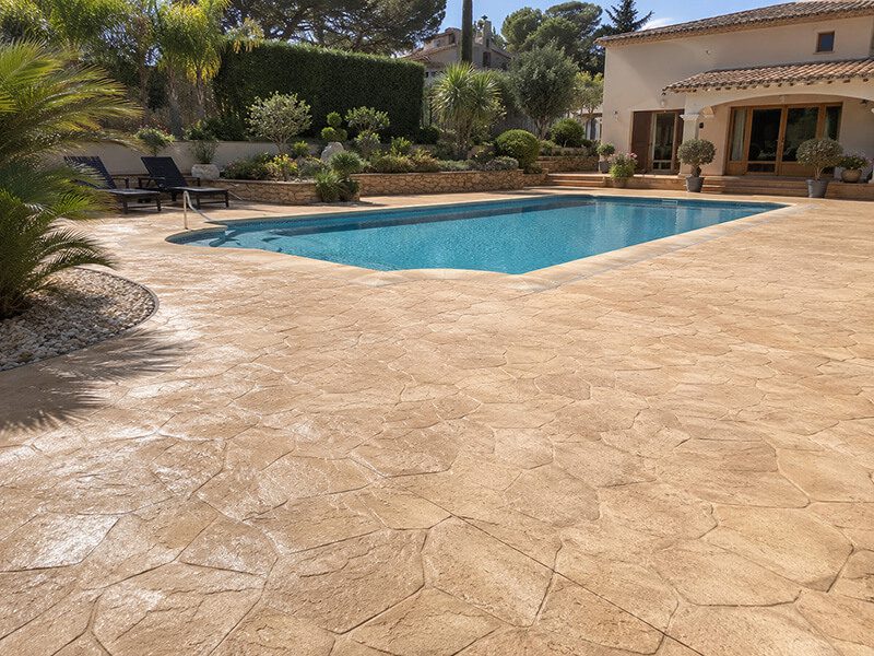 Suelo de hormigón impreso alrededor de una piscina residencial