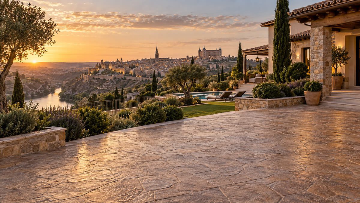 Pavimento de hormigón impreso para chalet, patio y piscina en Toledo