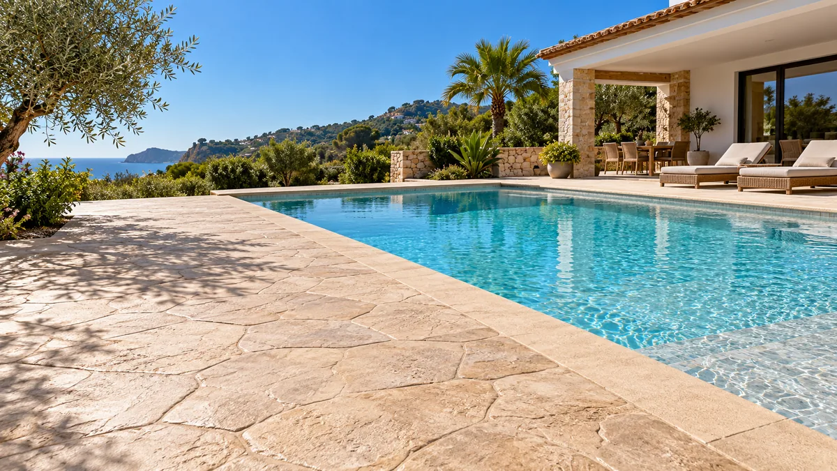Piscina residencial en España rodeada de pavimento de hormigón impreso con textura de piedra antideslizante