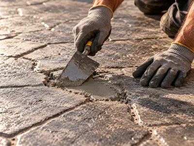 Reparación localizada con mortero compatible sobre pavimento de hormigón impreso exterior