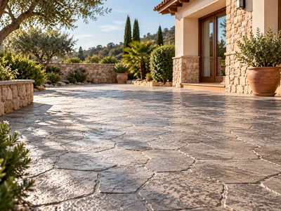 Patio residencial español con suelo de hormigón impreso restaurado de aspecto natural y acabado mate